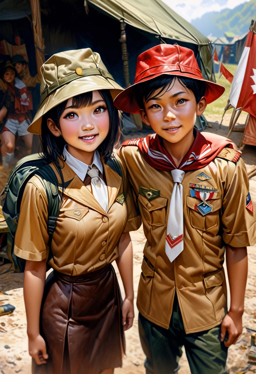 
Two Indonesian teenagers, a boy and a girl, in scout uniforms consisting of a brown shirt and white-red tie, wearing scout hats, standing side by side in the area around them were several scout tents and red and white flags flying. above them is the text “Happy Scout Day August 14” in red font. Very detailed, hyper realistic, oil painting style