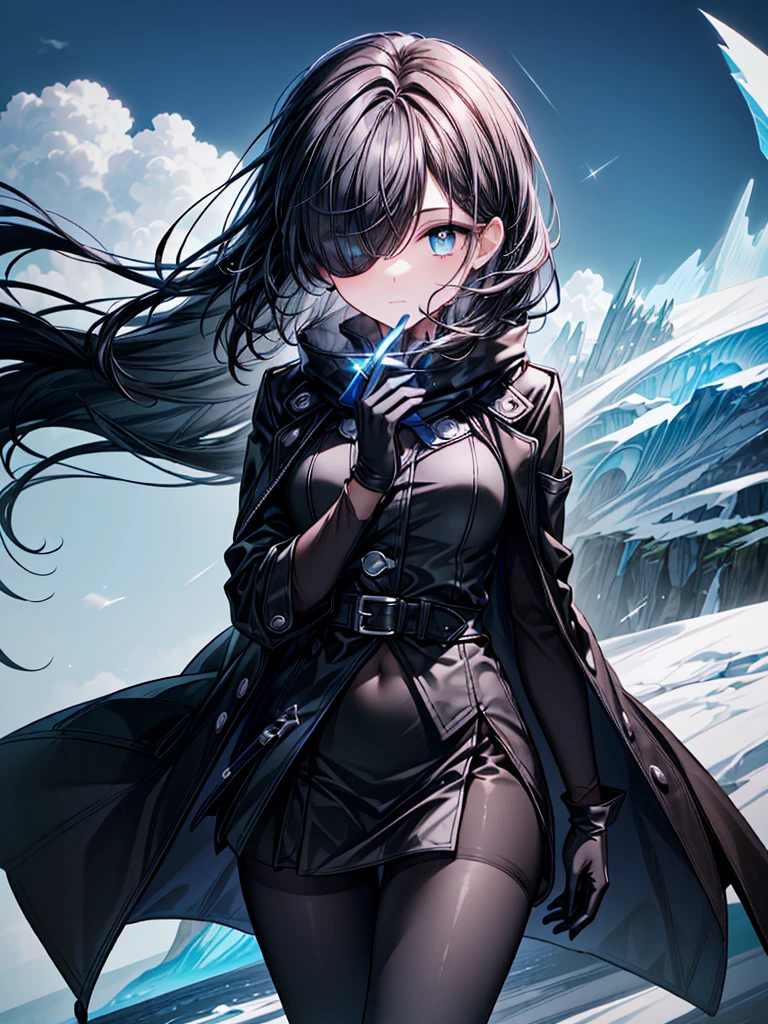 ((flame sword)),((Celestial Glacier)),((masterpiece)),((light particles)),((black micro mini length skirt),((alone)),(Serene),((Deep blue pupils)),((sparkling eyes)),(Beautiful Blue Eyes),((Wearing a black coat)),(((Wearing black tights))),(Slim body),((length, Shiny black hair)),((Her left eye is completely hidden by her bangs)),((Her hair is parted, and you can see her eyes through it)),((Wearing black gloves)),((hair over one eye,long hair)),((Hair blowing in the wind)