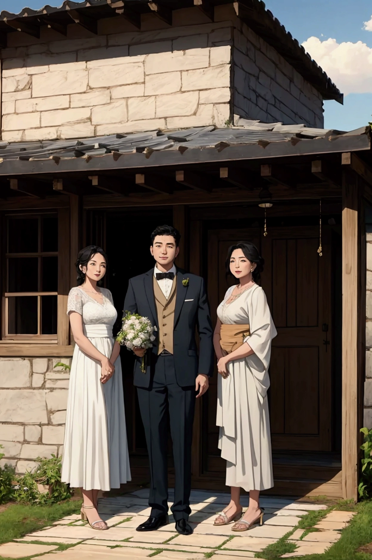 a husband, his wife, and young son standing outside a renovated house in the countryside