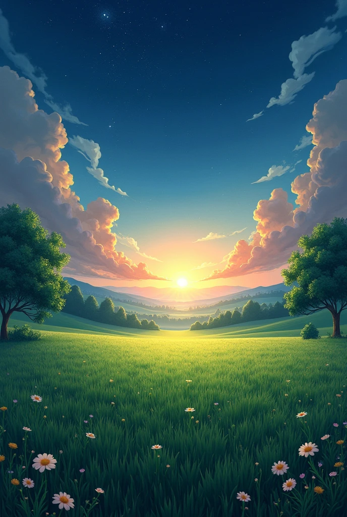landscape showing a lawn and the sky is night and day at the same time 