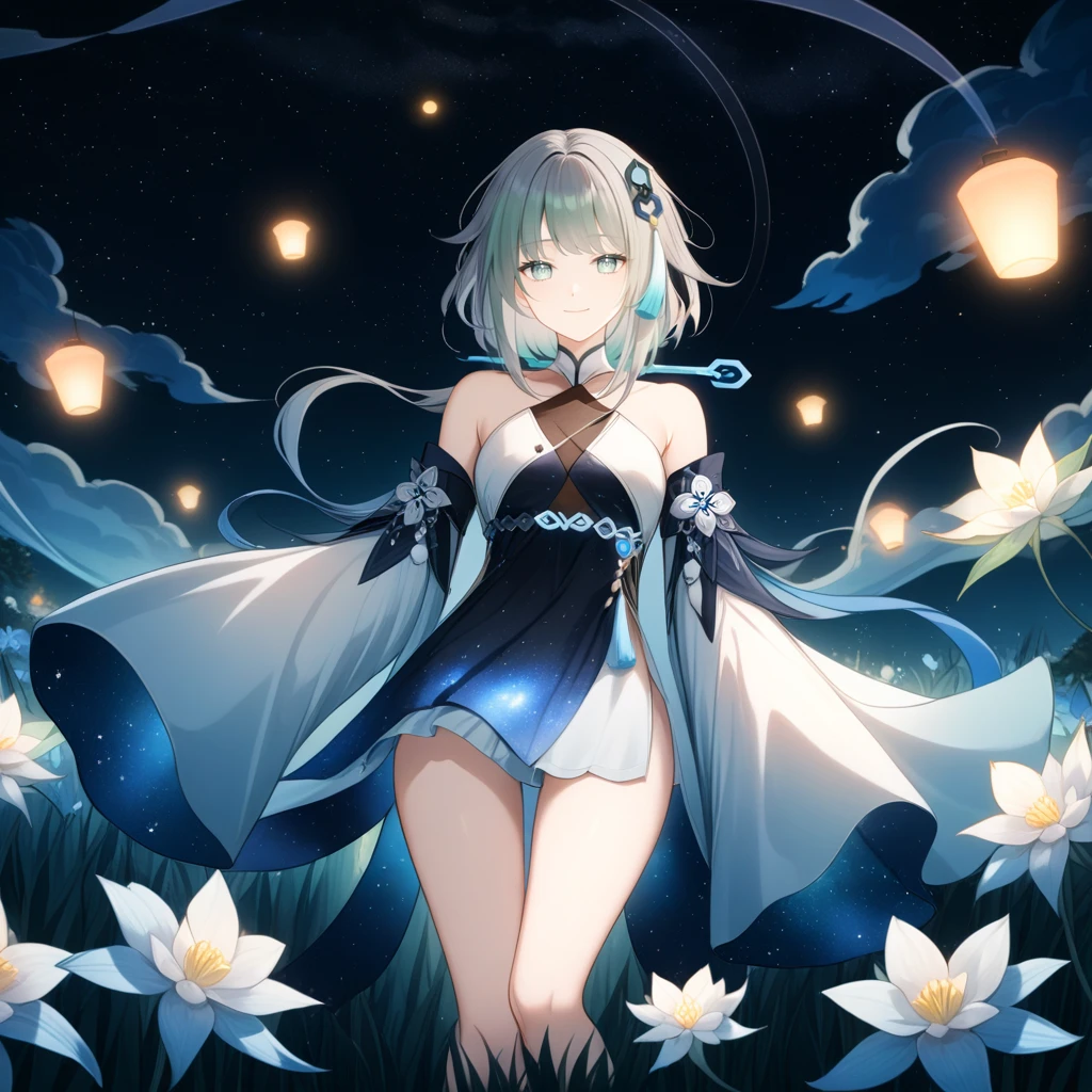 1girl, guizhong_\(genshin_impact\),light grey hair,short_hair_with_long_locks,starry_sky_print,detached_sleeves, long sleeves_past_fingers,hanfu,illustrated by matsuryuu and agahari and dsmile,pale blue eyes,stunning field of softly glowing blue and white glaze lilies,night scene,gentle smile,moonlight,glossy lips,vivid anime coloring,cel shading,smooth, soft dreamy focus,anklet,halter_top,white clothes,highly detailed,digital painting,field of flowers,bare_shoulders,wlop,barefoot,cool night tones, magical night scene,masterpiece, best quality, film, professional, 4k, highly detailed,Guardian nebula of rainbow light and silvery vapor,starry,cosmic,goddess,rich color,hdr,silver moon,

A woman shrouded in mystery, Stand gracefully on the endless shore, Surrounded by shimmering stardust, The bell Creates a faint glow in the haze. Her face, Full of expression and depth
