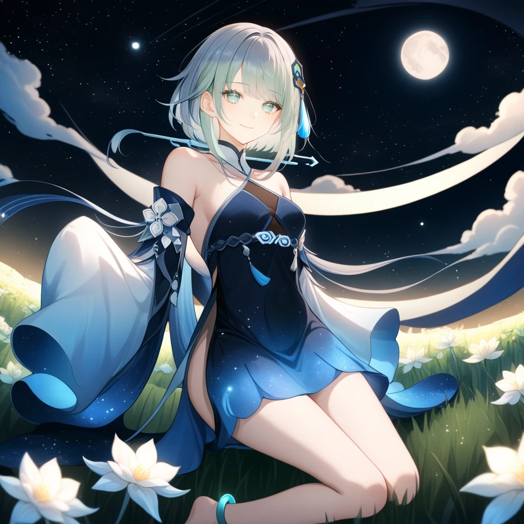 1girl, guizhong_\(genshin_impact\),light grey hair,short_hair_with_long_locks,starry_sky_print,detached_sleeves, long sleeves_past_fingers,hanfu,illustrated by matsuryuu and agahari and dsmile,pale blue eyes,stunning field of softly glowing blue and white glaze lilies,night scene,gentle smile,moonlight,glossy lips,vivid anime coloring,cel shading,smooth, soft dreamy focus,anklet,halter_top,white clothes,highly detailed,digital painting,field of flowers,bare_shoulders,wlop,barefoot,cool night tones, magical night scene,masterpiece, best quality, film, professional, 4k, highly detailed,Guardian nebula of rainbow light and silvery vapor,starry,cosmic,goddess,rich color,hdr,silver moon,

A woman shrouded in mystery, Stand gracefully on the endless shore, Surrounded by shimmering stardust, The bell Creates a faint glow in the haze. Her face, Full of expression and depth
