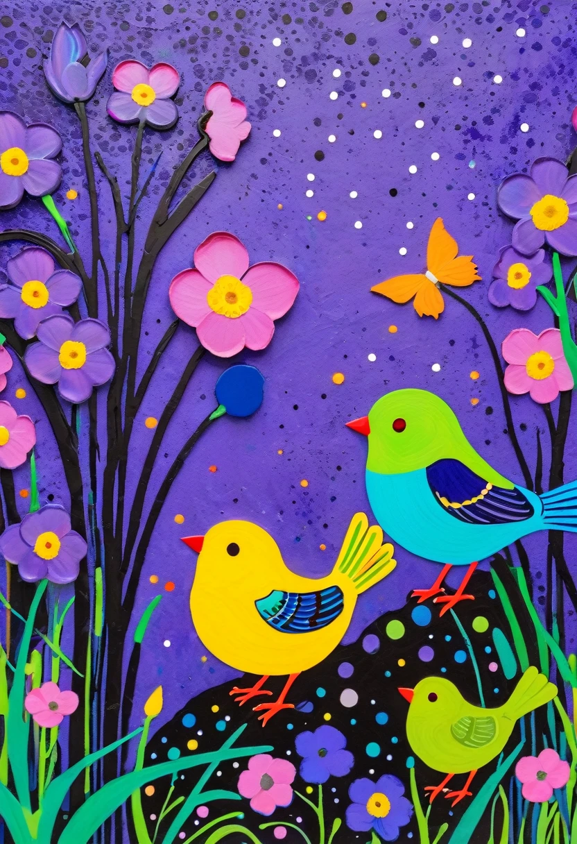 A painting,Inspired by Yayoi Kusama:(((Colorful black,Chalk painting,Oil stick painting,Volume,Thick coating,Uneven texture,Plaster texture,Graffiti,Dot)))。Colorful black,(((iris,Birdie))), Cloisonné enamel,Cloisonne,Bright colors, Purple和, cute的, Bright colors,cute, Lavender Color and Color Schemes, 和Purple的配色方案, Beautiful Art, Purple, Whimsical Art, 和Purple色调, Lime and Violet, Close together,, spring, Inspired by Tomokazu Matsuyama, Delightful