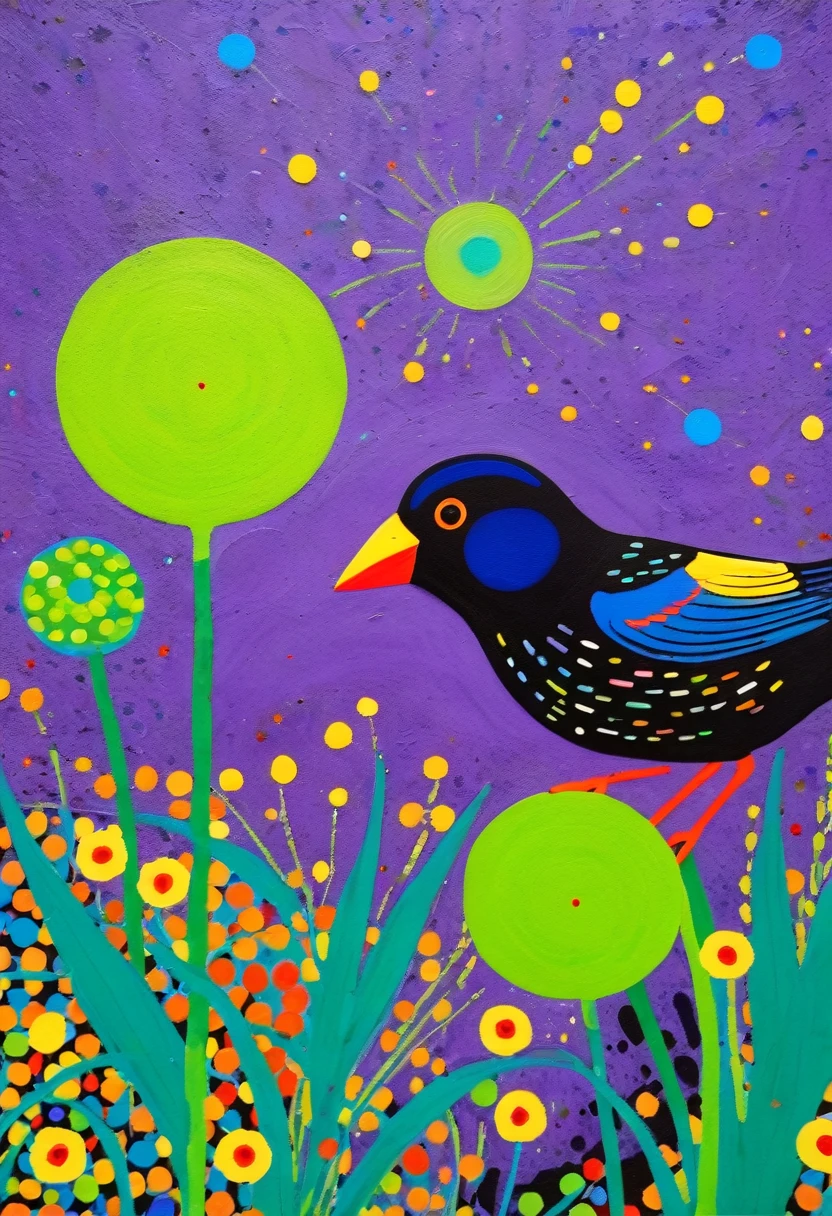 A painting，Inspired by Yayoi Kusama：(((Colorful black，Chalk painting，Oil stick painting，Volume，Thick coating，Uneven texture，Plaster texture，Graffiti，Dot)))。Colorful black，((（iris，Birdie）)), Cloisonné enamel，Cloisonne，Bright colors, Purple和, cute的, Bright colors，cute, Lavender Color and Color Schemes, 和Purple的配色方案,  Beautiful Art,  Purple, Whimsical Art, 和Purple色调, Lime and Violet, Close together,, spring, Inspired by Tomokazu Matsuyama, Delightful
