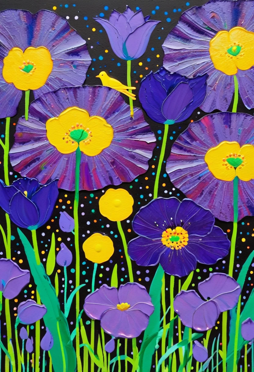 A painting，Inspired by Yayoi Kusama：(((Colorful black，Chalk painting，Oil stick painting，Volume，Thick coating，Uneven texture，Plaster texture，Graffiti，Dot)))。Colorful black，((（iris，Birdie）)), Cloisonné enamel，Cloisonne，Bright colors, Purple和, cute的, Bright colors，cute, Lavender Color and Color Schemes, 和Purple的配色方案,  Beautiful Art,  Purple, Whimsical Art, 和Purple色调, Lime and Violet, Close together,, spring, Inspired by Tomokazu Matsuyama, Delightful