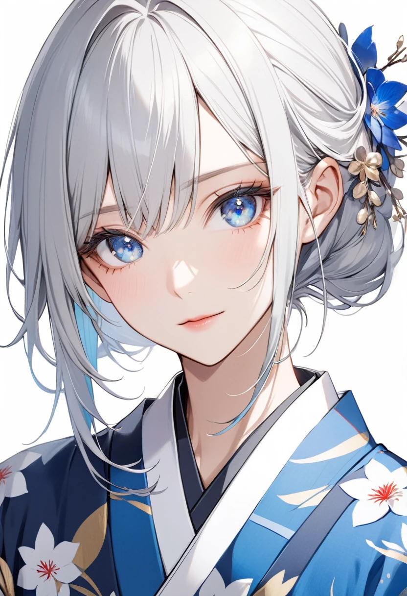 Beautiful woman in men's kimono, silver hair, blue eyes, white background