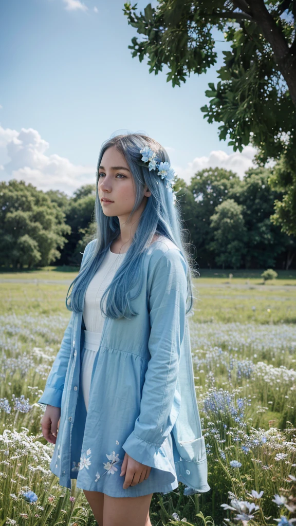 (absurdres, highres, ultra detailed, UHD, cinematic), solo, 1girl, mature, happy, girl standing in light blue flower field, light blue flower petal surrounding girl, full body, blue long hair girl, light blue hair, fantasy, dreamy, snowy, official art, pop art, profile, ultra detailed face, ultra detailed eyes, light blue flower field, ultra detailed field, white blue sky, cold, light blue, white, nebula in the sky, blue tree, watercolor, pastel color