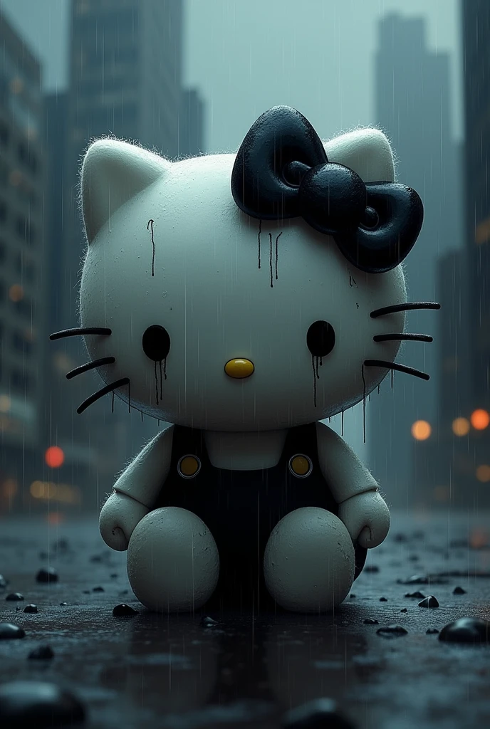 "Hello Kitty, with dark shadows highlighting her sadness. Her face is depressed, with droopy eyes and a downturned mouth.
, with strands falling over her face. She wears a black bow on her head, but it's worn and dirty. Her ears and tail are droopy, as if she's lost all her energy. In the background, a dark and rainy city, with tall buildings and dim lights. Hello Kitty seems to be alone, surrounded by darkness and sadness."
