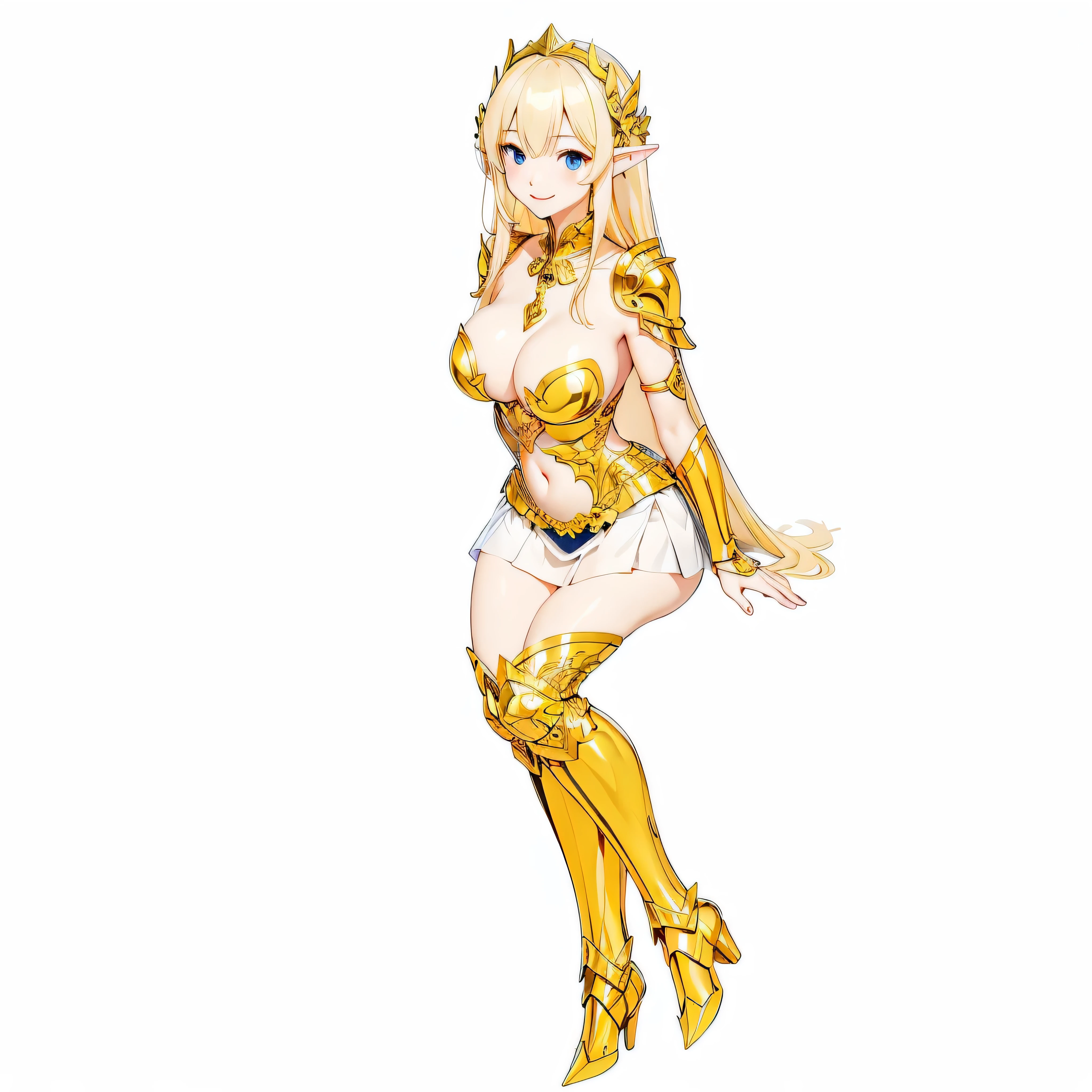 Highest quality、Very detailed、High resolution、16k、Thin contours、耳の長いElf、Nipples are visible、Shining golden armor、Gold bikini armor、Very large breasts、Very large breasts、Very transparent white skirt、Black pants、chest proportion、Smile of the Goddess、Elfの、Very white skin、Beautiful fingers、Perfect Style、Elf、No bra、Blonde hair and blue eyes、Cool smile