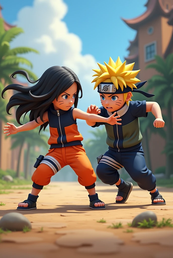 Naruto , with bandana x Sasuke  criança lutando, with bandana, female version, long hair, punching and kicking combat,  Disney pixar style.