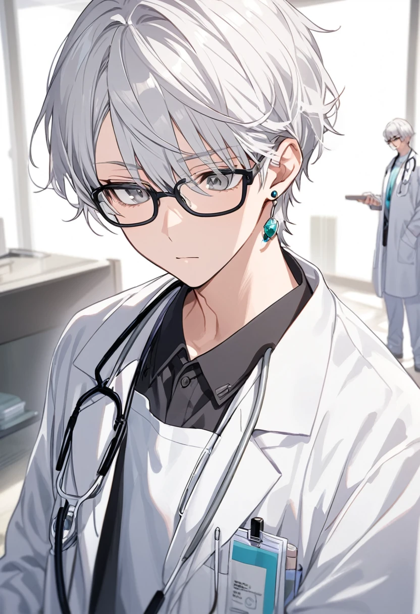 brother, alone, Glasses, Grey Eyes, White Hair, short hair, Earrings, Doctor&#39;s uniform, Smiling face, Cute face,