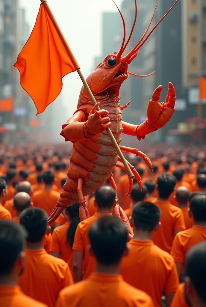 A prawn holding an orange flag in the middle of a crowd of people wearing orange shirts 