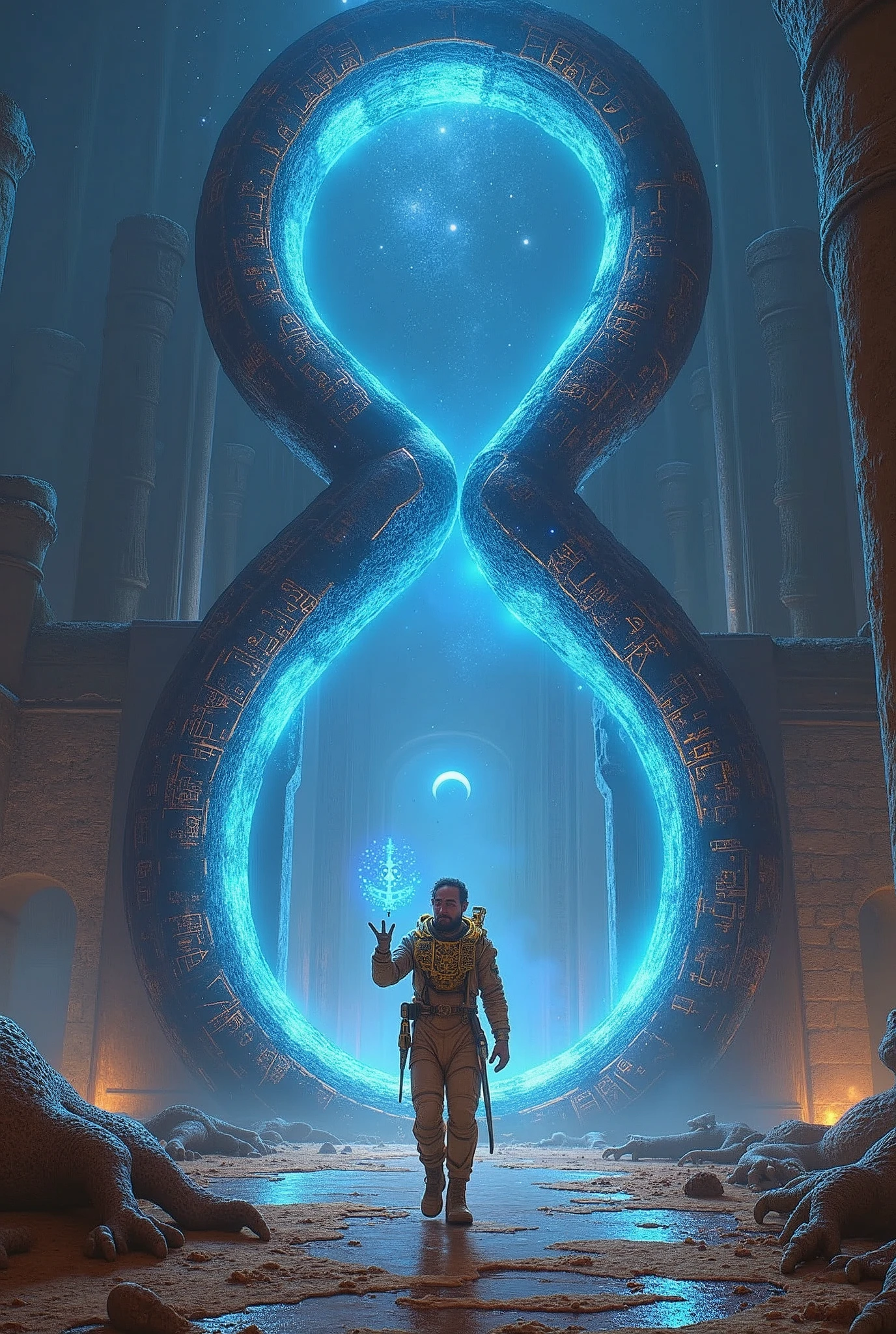 --checkpoint "SeaArt Infinity" --checkpoint "Stable Diffusion 2.1" --lora "Egyptian Art LoRA" --lora "Sci-Fi Concept Art LoRA" --lora "Surrealism LoRA" --lora "Detailed Characters LoRA" --lora "Architectural LoRA" --lora "sci-fi" a solitary explorer, with eyes wide open in fascination and determination, holds a luminescent analysis device. His golden spacesuit, adorned with Egyptian hieroglyphs, reflects the intense light from two monolithic infinity-shaped portals, positioned side by side to form a horizontal figure 8. The portals, carved from black and shiny obsidian, emanate a pulsating sapphire-blue energy flow, creating a stellar vortex that distorts the surrounding space-time. Ancient Egyptian hieroglyphs, which seem to narrate a cosmic story, cover the surface of the portals, emitting a soft golden luminescence. Colossal ruins of an ancient alien civilization, with pyramidal and sphinx-like architecture, stretch into the background. The ruins, shrouded in a silver mist, appear to have been built as a stellar sanctuary. The explorer, with an enigmatic smile, points the device at one of the portals, while the fossilized remains of reptilian-like humanoid creatures scattered throughout the ruins testify to the grandeur and decay of a lost civilization. The starry sky, filled with nebulas and supernovas, serves as a backdrop for this epic scene. Artistic style: Egyptian sci-fi with touches of cosmic surrealism. Dramatic lighting, with rays of light cutting through the mist and highlighting the hieroglyphs and geometric shapes of the ruins and portals. The atmosphere is one of mystery and hope, suggesting that the explorer is about to unveil a cosmic secret, with 3D hologram floating in the air with distortions and reflections, science fiction style, in the upper corner, centered. The phrase 'Infinity contains all possibilities' in blue and violet neon font, written "Infinity contains all possibilities".