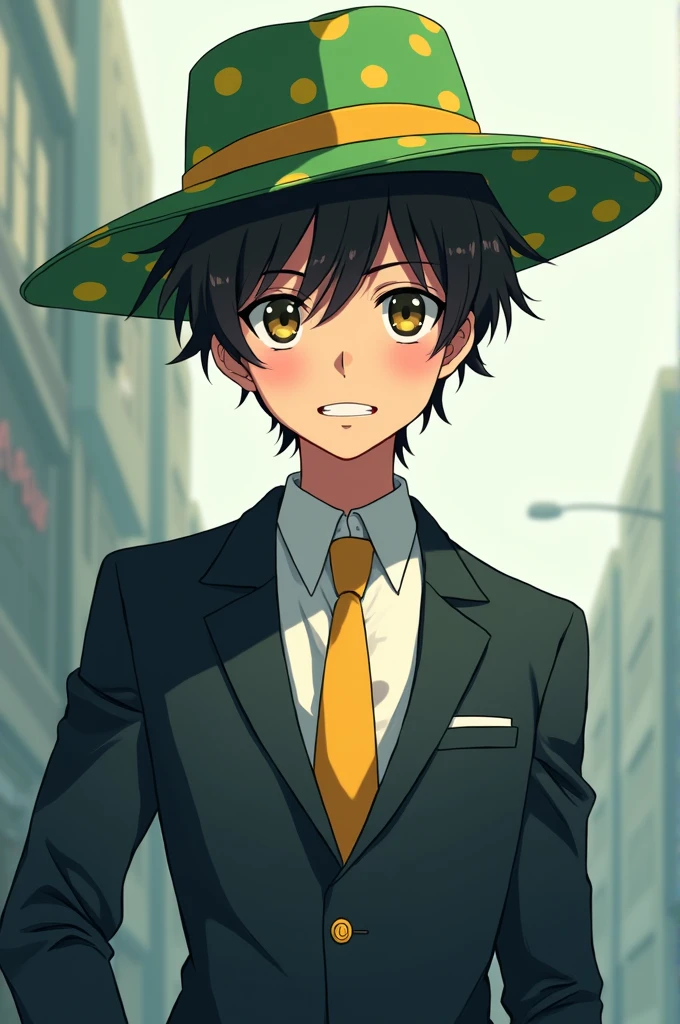 Make an anime character in a suit and a green and yellow hat