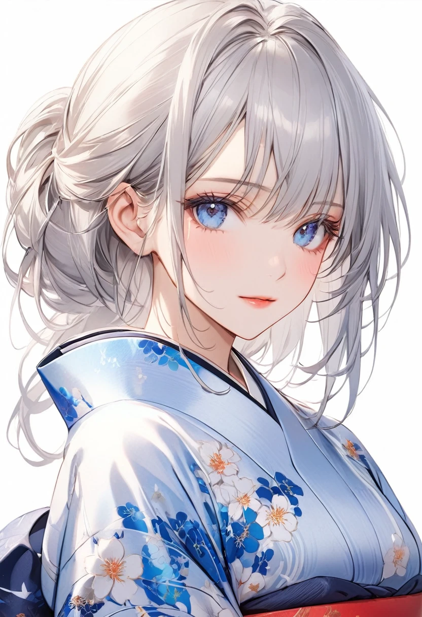 Beautiful woman in men's kimono, silver hair, blue eyes, white background