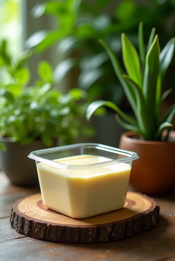 A mousse inside a square plastic pot with a green plant background, the mousse pot will be on top of a wooden tray 
