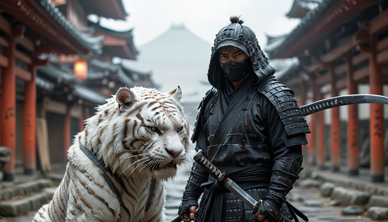 samurai dressed in black with a hood holding a katana standing next to his angry white tiger in the middle of an ancient Japanese city, ultra HD, 8k, insane details,