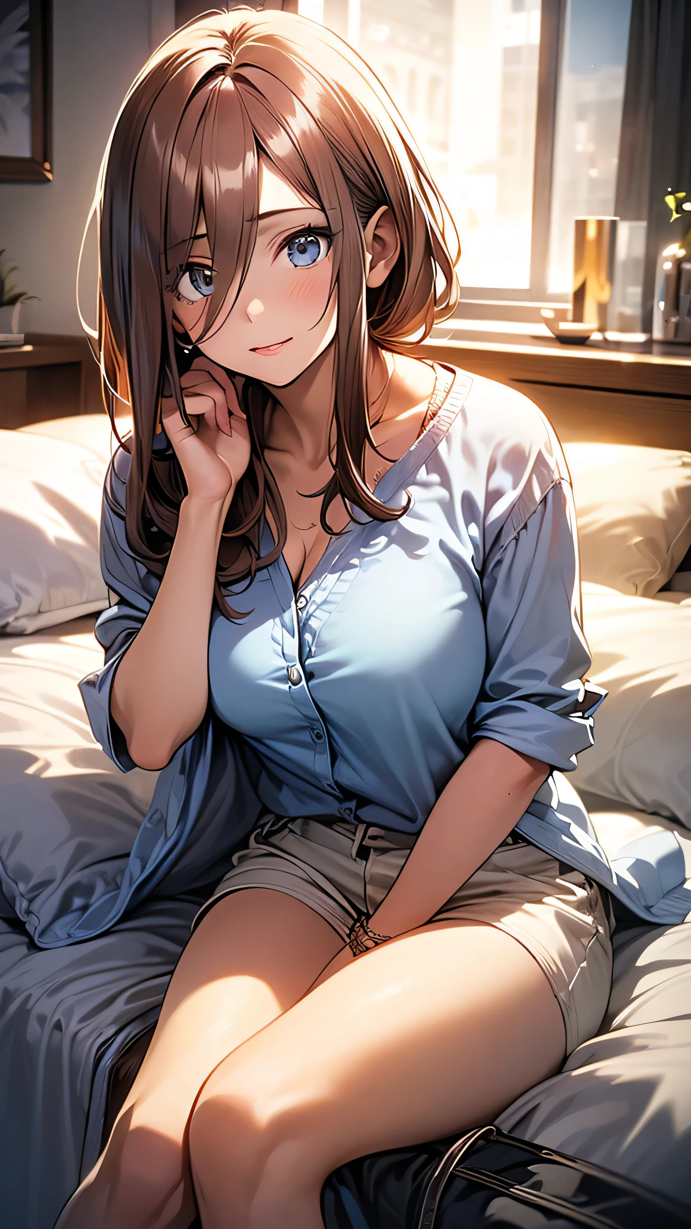 a beautiful young woman with long reddish-brown hair,big blue eyes with long eyelashes,extremely detailed face,smooth vibrant anime-style skin texture,perfect busty figure,confident alluring pose,legs slightly spread,white panties visible,hotel room night scene,soft lighting,romantic sultry atmosphere,(best quality,4k,8k,highres,masterpiece:1.2),ultra-detailed,(realistic,photorealistic,photo-realistic:1.37),HDR,UHD,studio lighting,ultra-fine painting,sharp focus,physically-based rendering,extreme detail description,professional,vivid colors,bokeh,portraits,anime