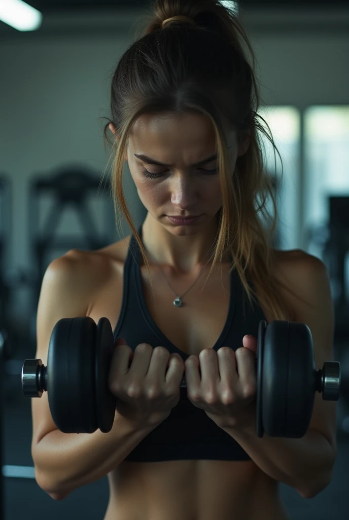 create an image of a woman who is sad because she is at the gym working out and lifting weights