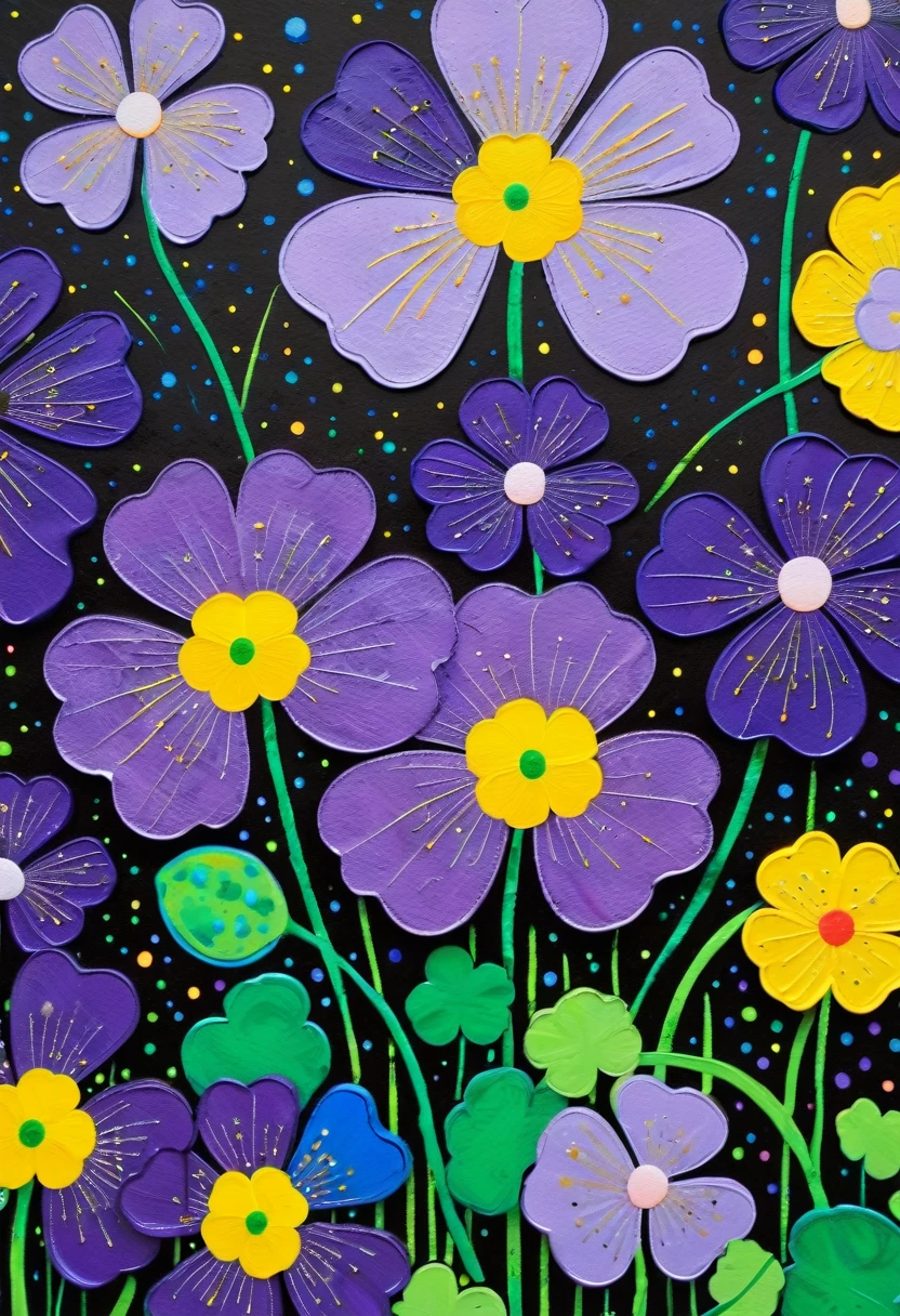 A painting,Inspired by Yayoi Kusama:(((Colorful black,Chalk painting,Oil stick painting,Volume,Thick coating,Uneven texture,Plaster texture,Graffiti,Dot)))。Colorful black,(((Four Leaf Clover🍀))), Cloisonné enamel,Cloisonne,Bright colors, Purple和, cute的, Bright colors,cute, Lavender Color and Color Schemes, 和Purple的配色方案, Beautiful Art, Purple, Whimsical Art, 和Purple色调, Lime and Violet, Close together,, spring, Inspired by Tomokazu Matsuyama, Delightful