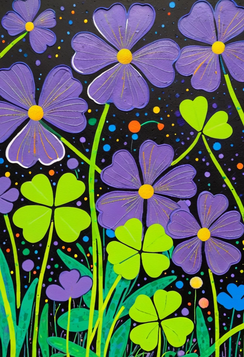 A painting,Inspired by Yayoi Kusama:(((Colorful black,Chalk painting,Oil stick painting,Volume,Thick coating,Uneven texture,Plaster texture,Graffiti,Dot)))。Colorful black,(((Four Leaf Clover🍀))), Cloisonné enamel,Cloisonne,Bright colors, Purple和, cute的, Bright colors,cute, Lavender Color and Color Schemes, 和Purple的配色方案, Beautiful Art, Purple, Whimsical Art, 和Purple色调, Lime and Violet, Close together,, spring, Inspired by Tomokazu Matsuyama, Delightful