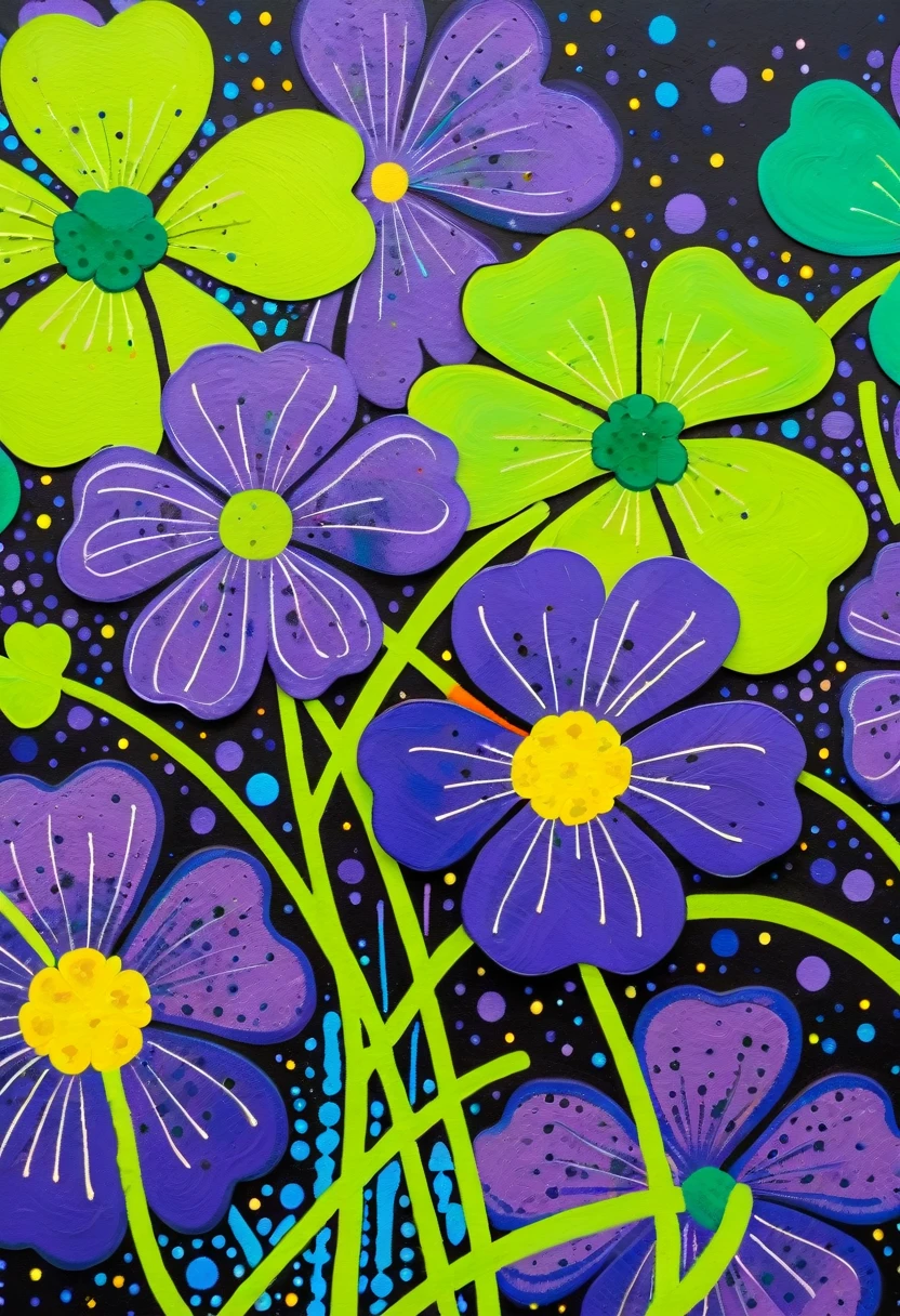 A painting,Inspired by Yayoi Kusama:(((Colorful black,Chalk painting,Oil stick painting,Volume,Thick coating,Uneven texture,Plaster texture,Graffiti,Dot)))。Colorful black,(((Four Leaf Clover🍀))), Cloisonné enamel,Cloisonne,Bright colors, Purple和, cute的, Bright colors,cute, Lavender Color and Color Schemes, 和Purple的配色方案, Beautiful Art, Purple, Whimsical Art, 和Purple色调, Lime and Violet, Close together,, spring, Inspired by Tomokazu Matsuyama, Delightful