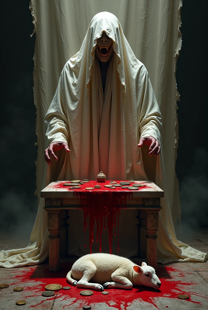 An altar stained with red paint with a lamb and coins on the floor and a torn veil behind the altar