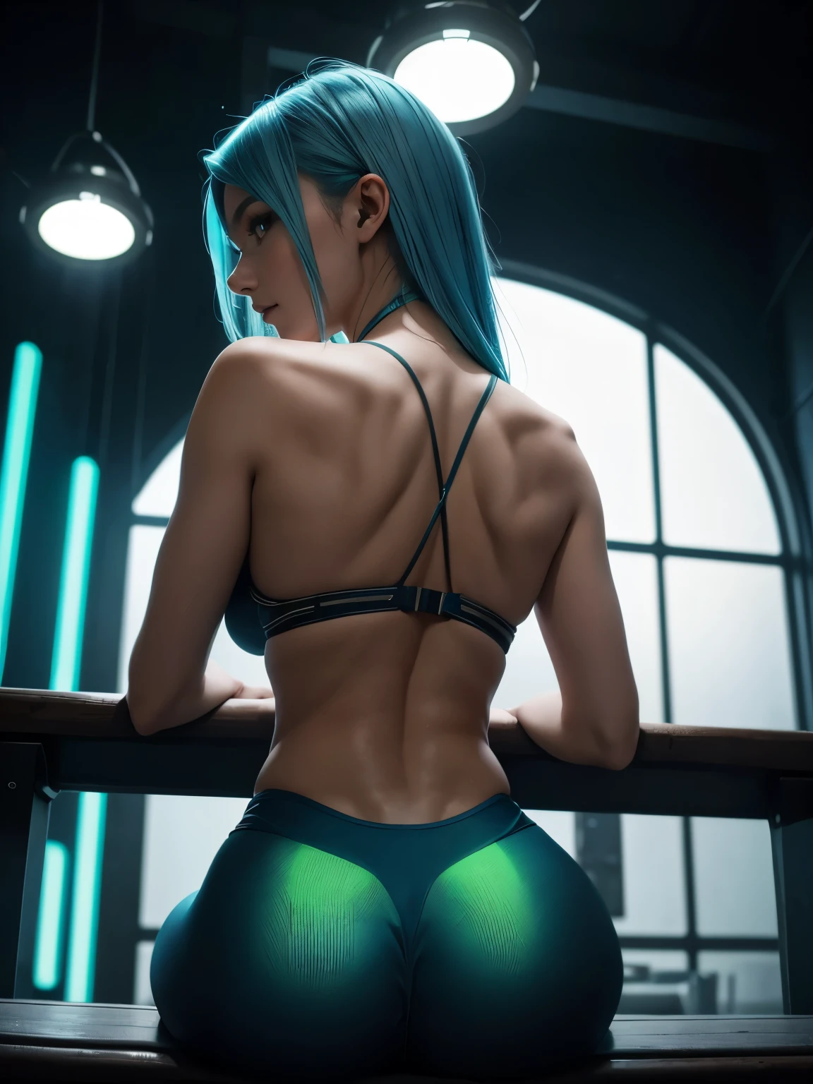 highly detailed, 8k resolution, masterpiece, one girl, blue_hair_tubes, sitting, back_arch, (ideal_Face), playful_smile, impressive lighting, 4k, detailed_background, vibrant, back_view, (hyper-realistic:1.3) (Beautiful lighting:1.3), vibrant, dynamic lighting, warm cozy neon lighting, hot tall sexy girl with perfect figure, sitting on a bench with her back fully exposed, her long blue hair pulled forward over her shoulder, completely bare back with a slight arch, as if she's proudly showing off her beautiful back, her hand casually holding a removed top or shirt in front of her, covering her chest, while her back remains entirely visible, focus on the smooth curve of her back, leggings with neon green accents, camera angle from behind, centered on her bare back, futuristic spaceship interior with soft, ambient lighting.