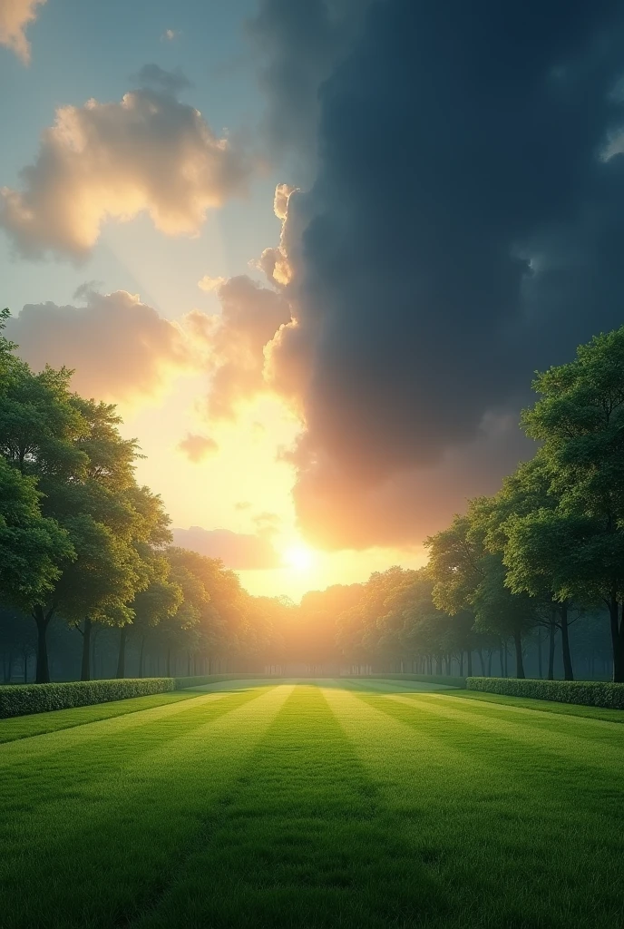 landscape showing a lawn and the sky is divided between night and day