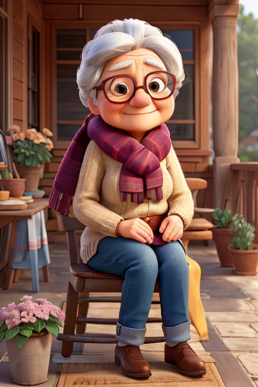 work of art, best qualityer, An old woman with glasses and a scarf, wearing jeans, sitting on a chair on a porch with flower pots