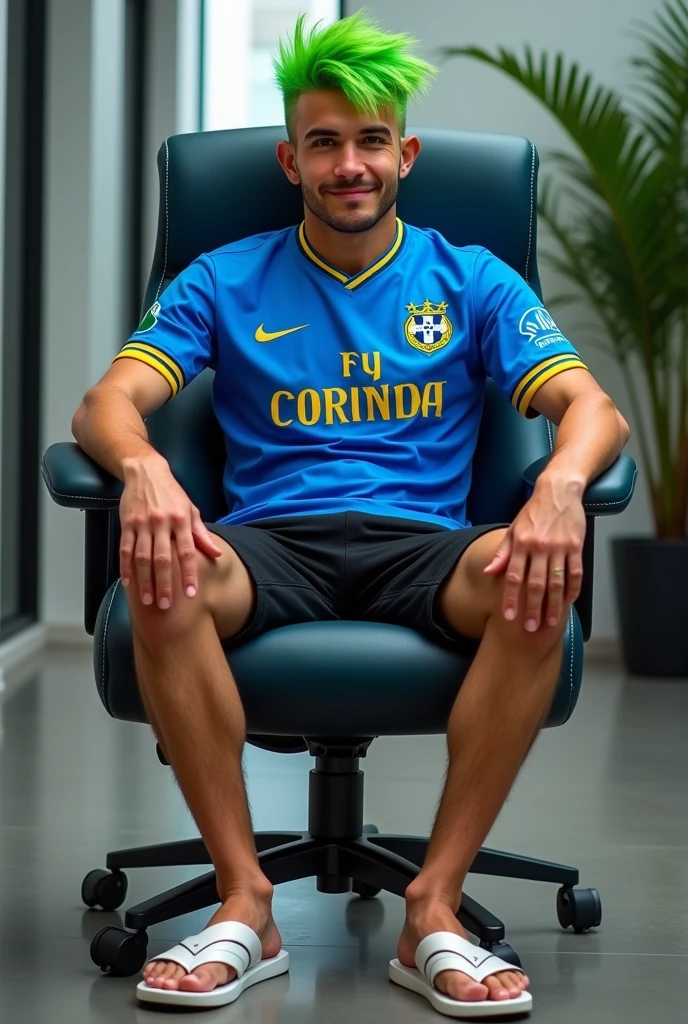 Um homem brasileiro, with green hair, Corinthians shirt, with black shorts and white flip-flops sitting in a secretary chair