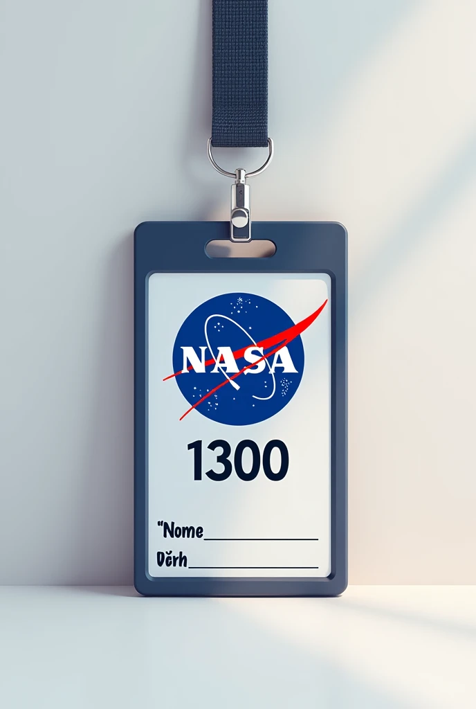 Create an image of a NASA ID badge with the word 1300 written on it with a space where the child can write their name, all in Portuguese.