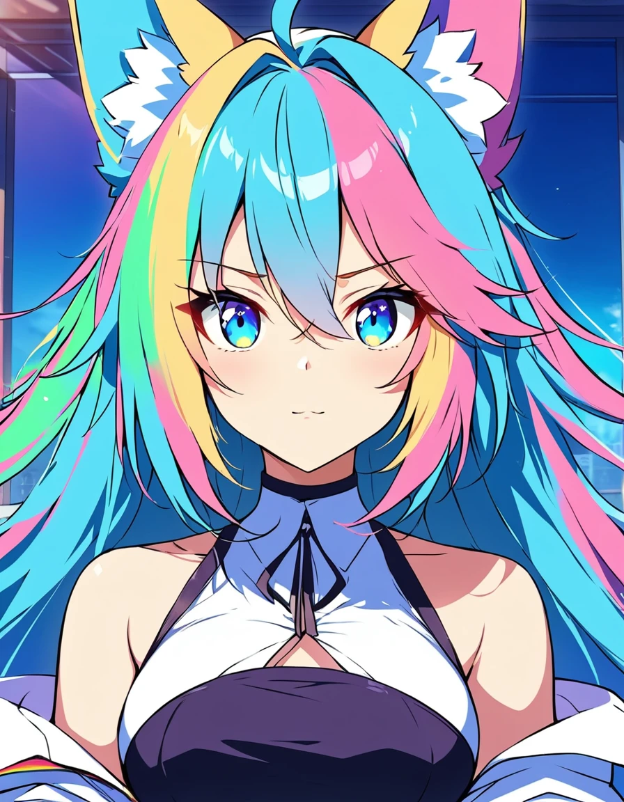 ((masterpiece,Highest quality,4K)),score_9, score_8_superior, score_7_superior,anime, anime,Rainbow Hair,Fox Girl,Fox's Tail,Wearing an orange hoodie,animeの,Blue background, krenz cushart and ArtJam, 美しく魅力的なanimeの女性, ArtJam style, Yoshika Amano Karol Baq, ArtJam detailed, style ivan talavera and ArtJam, Beautiful cartoon art, ArtJam. Attention to detail, ArtJam comic