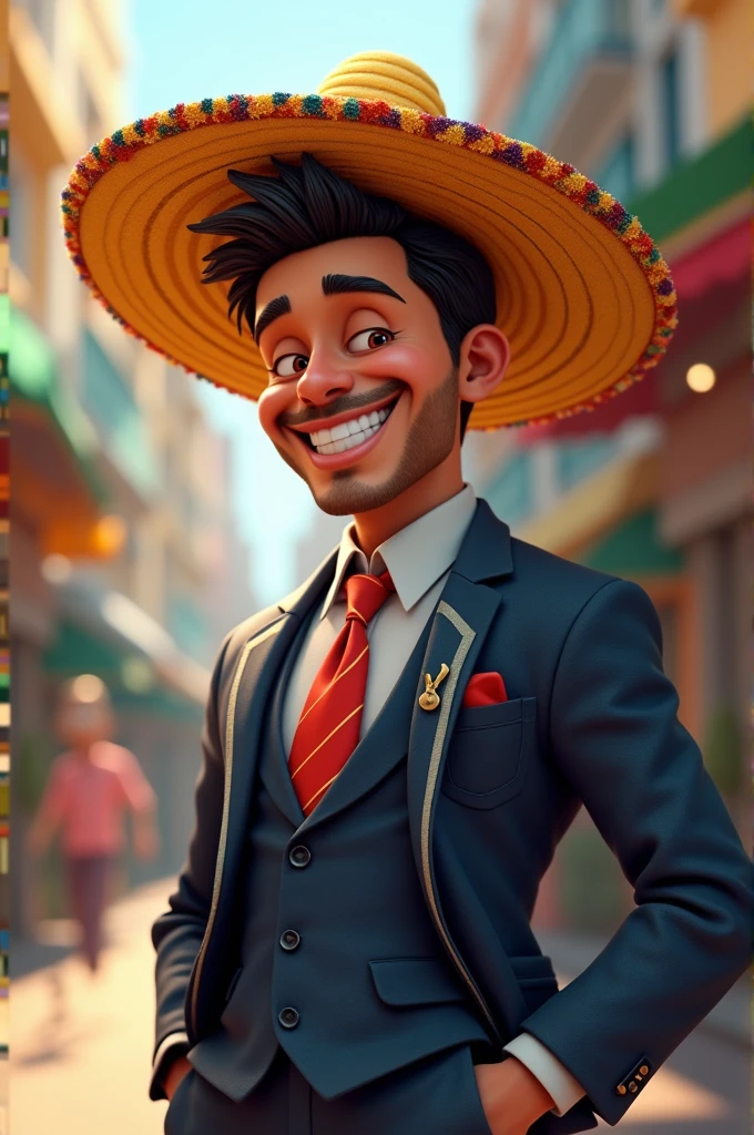 Character in suit with Brazil hat happy