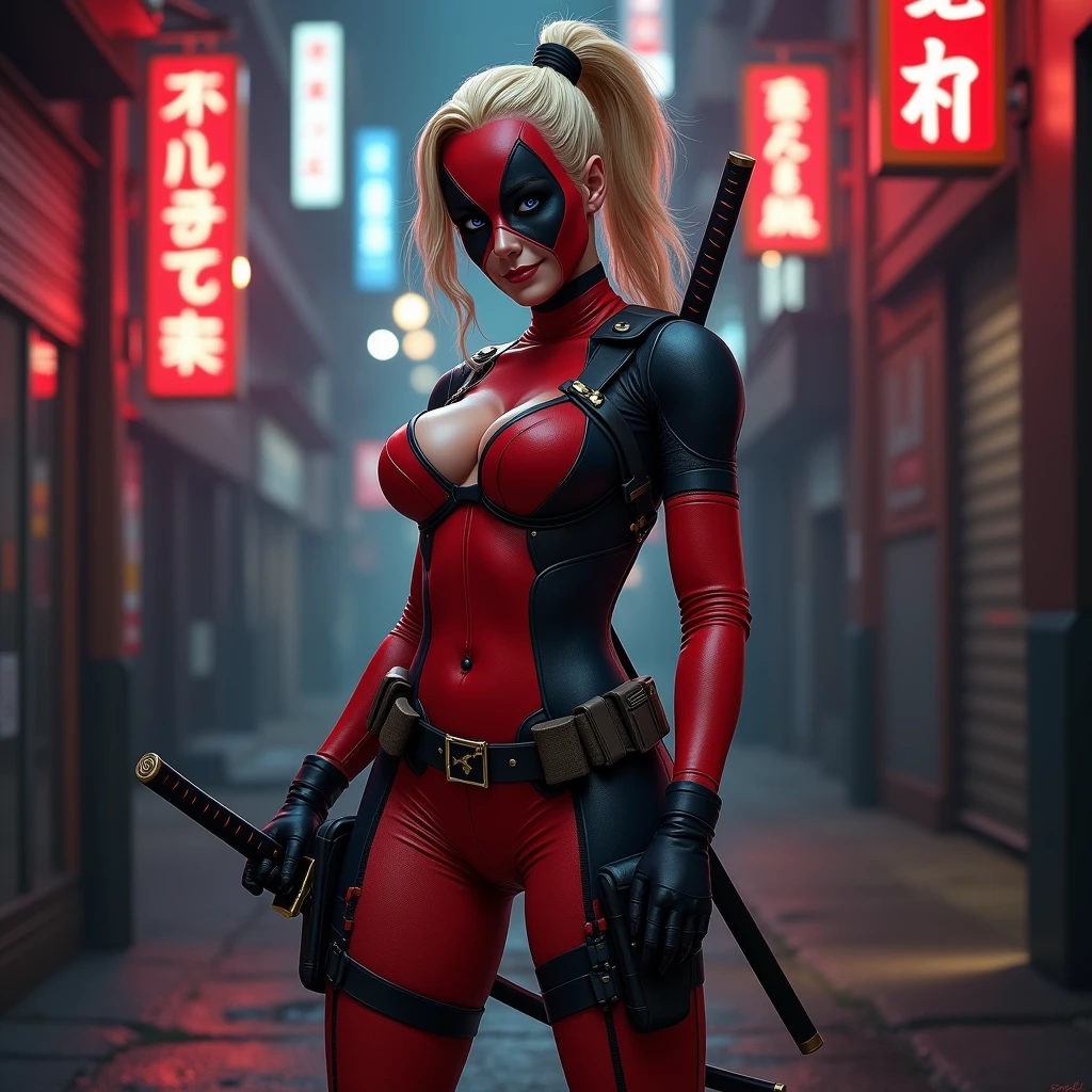 A female character inspired by Lady Deadpool stands confidently in a highly revealing, sexy, and diminutive costume. Her outfit is a striking combination of red and black, with minimal coverage, accentuating her curves and athletic physique. She sports a long, blonde ponytail flowing from the back of her mask, adding a unique touch to her look. The character's pose is bold and playful, holding her iconic katanas while giving a mischievous smirk. The background is a gritty urban setting, with neon signs and dim streetlights casting dramatic shadows, enhancing the sense of danger and excitement.