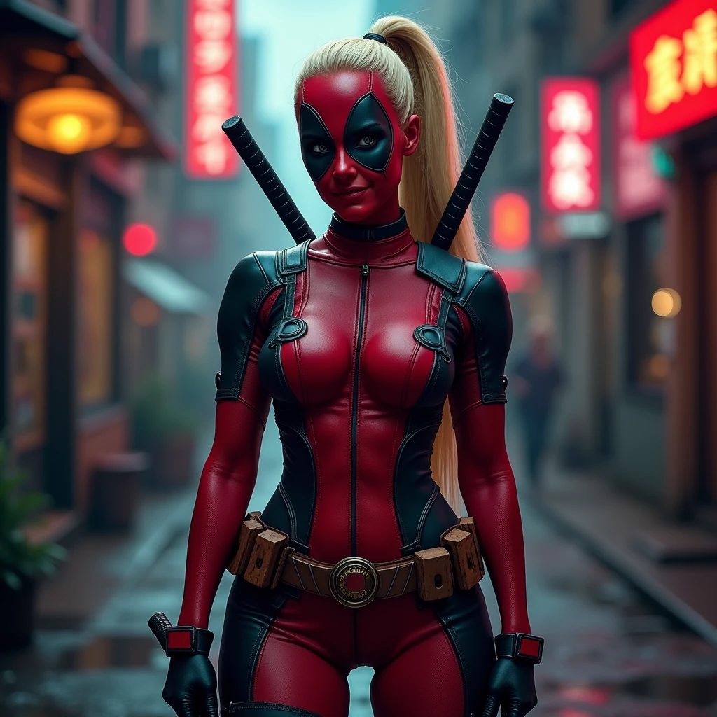 A female character inspired by Lady Deadpool stands confidently in a highly revealing, sexy, and diminutive costume. Her outfit is a striking combination of red and black, with minimal coverage, accentuating her curves and athletic physique. She sports a long, blonde ponytail flowing from the back of her mask, adding a unique touch to her look. The character's pose is bold and playful, holding her iconic katanas while giving a mischievous smirk. The background is a gritty urban setting, with neon signs and dim streetlights casting dramatic shadows, enhancing the sense of danger and excitement.






