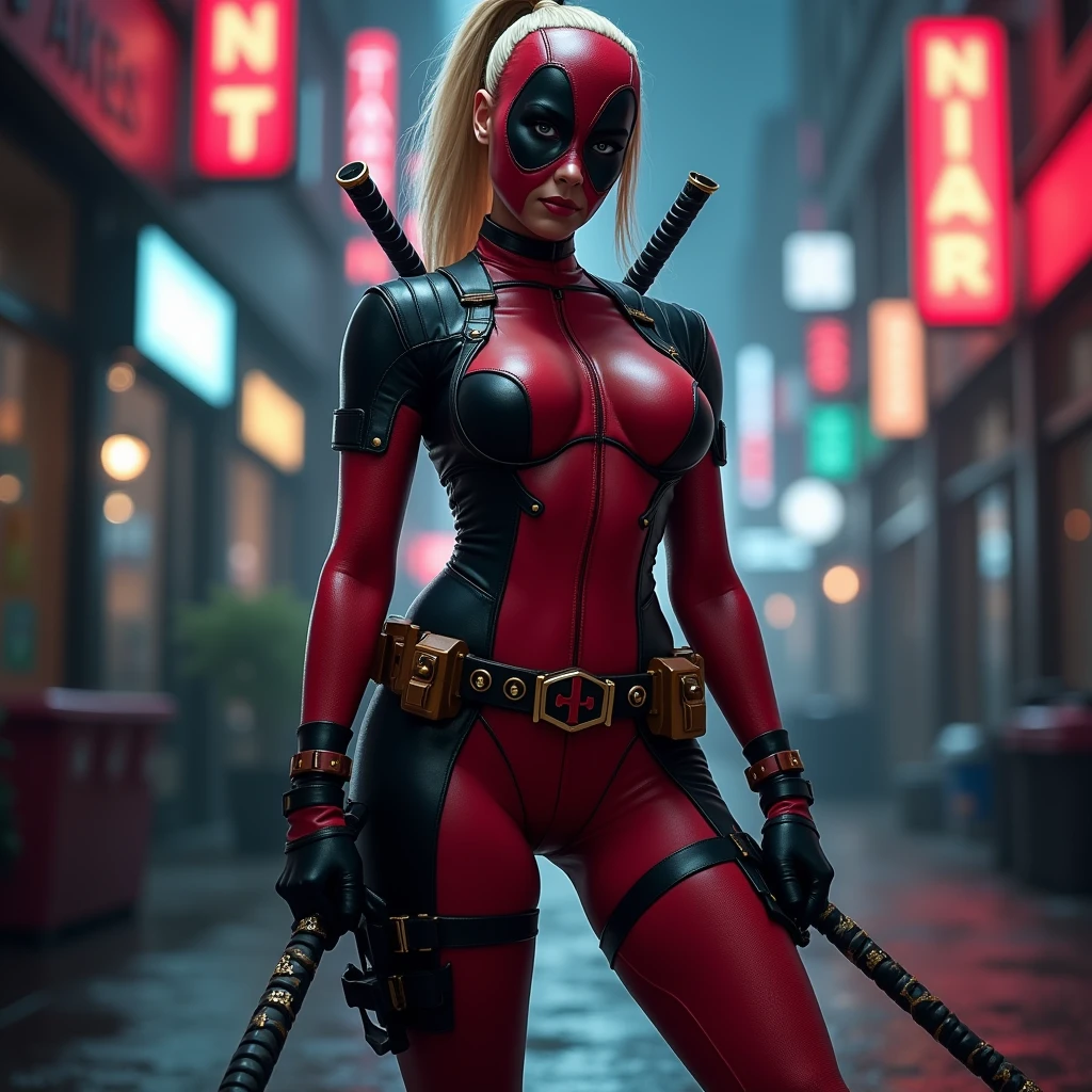 A female character inspired by Lady Deadpool stands confidently in a highly revealing, sexy, and diminutive costume. Her outfit is a striking combination of red and black, with minimal coverage, accentuating her curves and athletic physique. She sports a long, blonde ponytail flowing from the back of her mask, adding a unique touch to her look. The character's pose is bold and playful, holding her iconic katanas while giving a mischievous smirk. The background is a gritty urban setting, with neon signs and dim streetlights casting dramatic shadows, enhancing the sense of danger and excitement.






