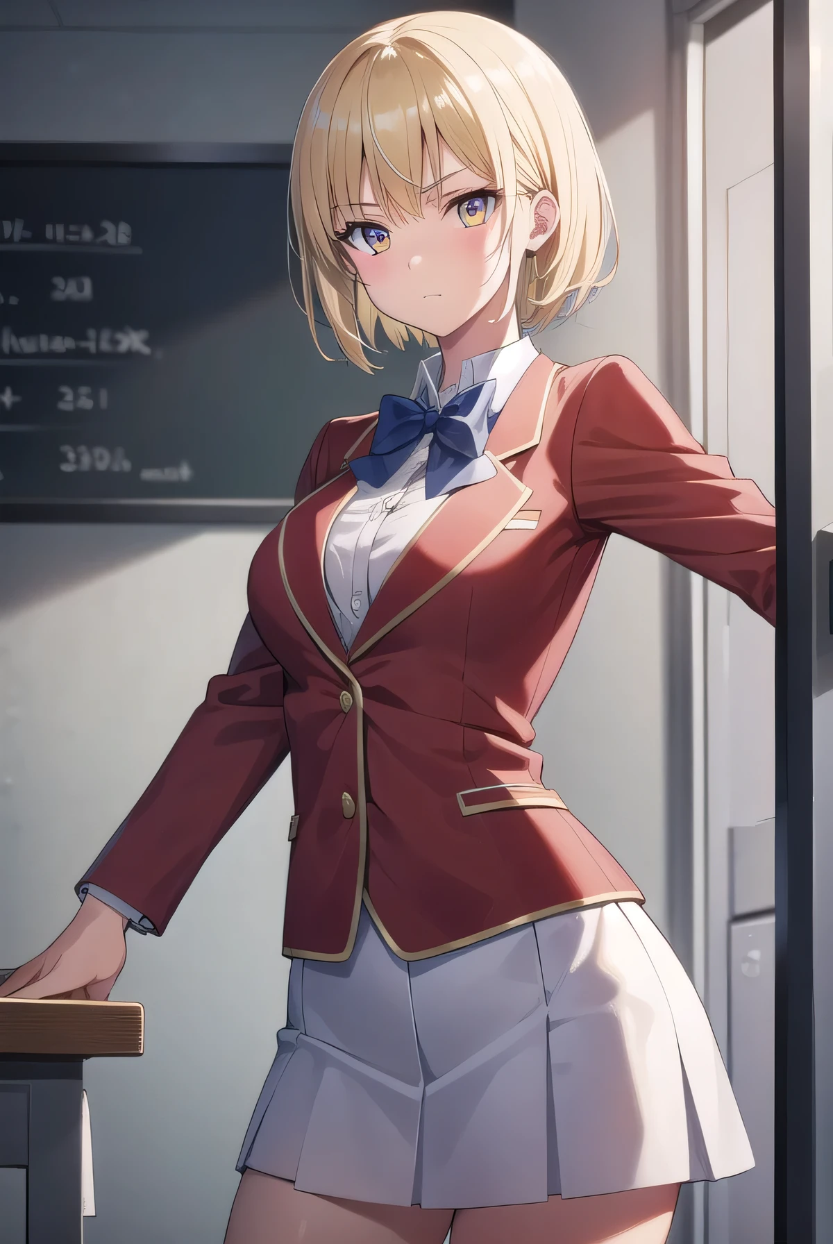 Messy hair, short blonde hair, (yellow eyes:1.3),
BREAK bow, school uniform, jacket, bowtie, blue bowtie, blazer, (red blazer:1.5), skirt, white skirt,
BREAK indoors, classroom,
BREAK thinking, looking at viewer, (cowboy shot:1.5),
BREAK (masterpiece:1.2), best quality, high resolution, unity 8k wallpaper, (illustration:0.8), (beautiful detailed eyes:1.6), extremely detailed face, perfect lighting, extremely detailed CG, (perfect hands, perfect anatomy),