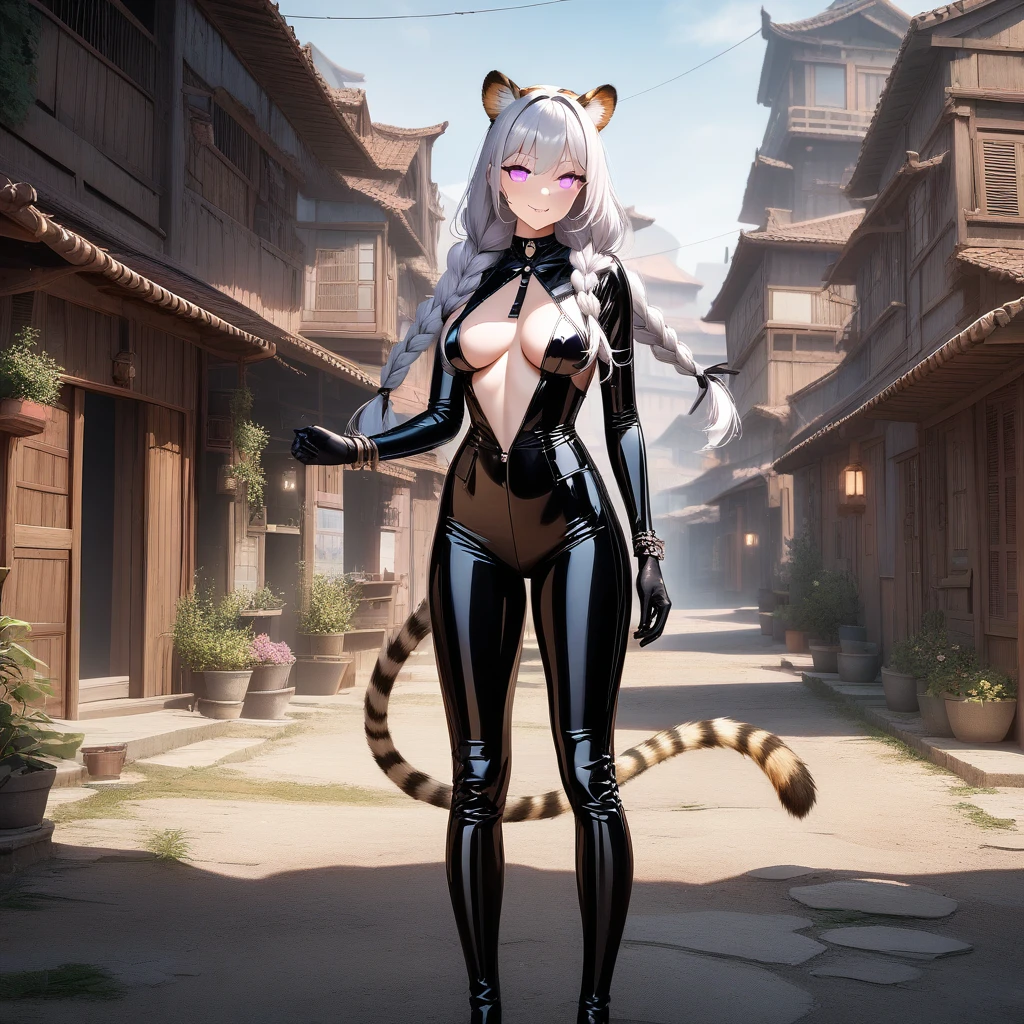 black boots, tny-atla, closed eyes,tail, bracelets, full body, solo, 1girl, outdoors, masterpiece, best quality, ((masterpiece)), (best quality), (ultra-detailed), photorealistic, (best illustration), ((an extremely delicate and beautiful)), 1girl, solo, long hair, tiger ears, [:tiger tail under:0.2], white hair, two-tone hair, full body art, latex legwear, latex suit lower part, (dominatrix suit:1), sadistic grin, cross-laced, standing, evil purple eyes, sadistic smile, revealing outfit, long sleeves, detailed scenery, in bedroom, latex armwear, low twin braids, twin braids, hair ornament, bracelet, (holding lash in hands:0.9), mature woman, yandere, looking at viewer, viewer POV, dominating on viewer,  glowing eyes, anime style. 