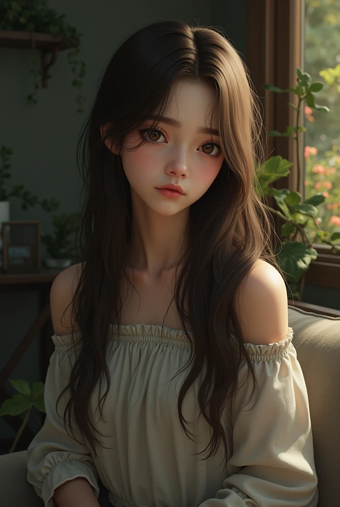 fille triste brune yeux maron decor realiste