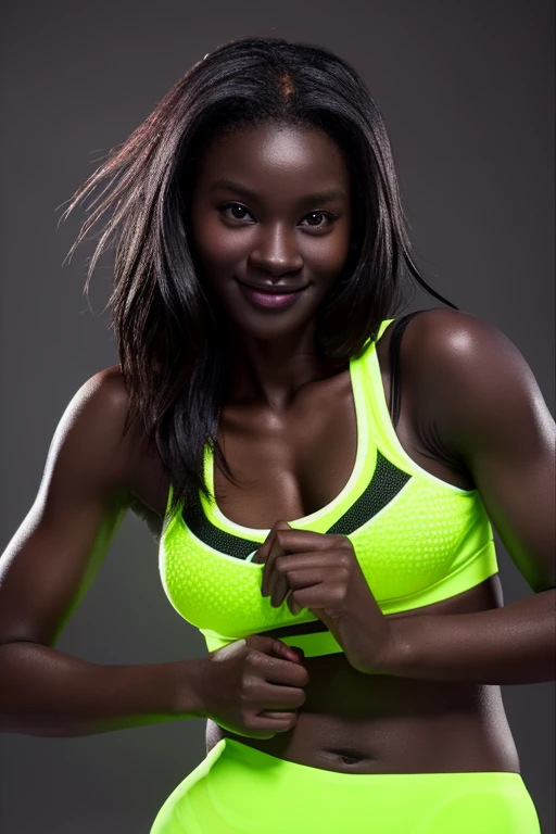 two beautiful girls Erotic tight neon sports bra smile show your armpits ( dark skin:1.6 )
