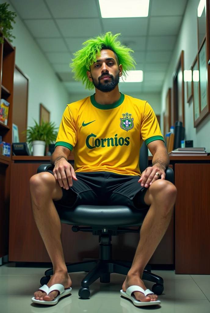 Um homem brasileiro, with green hair, Corinthians shirt, with black shorts and white flip-flops sitting in a secretary chair