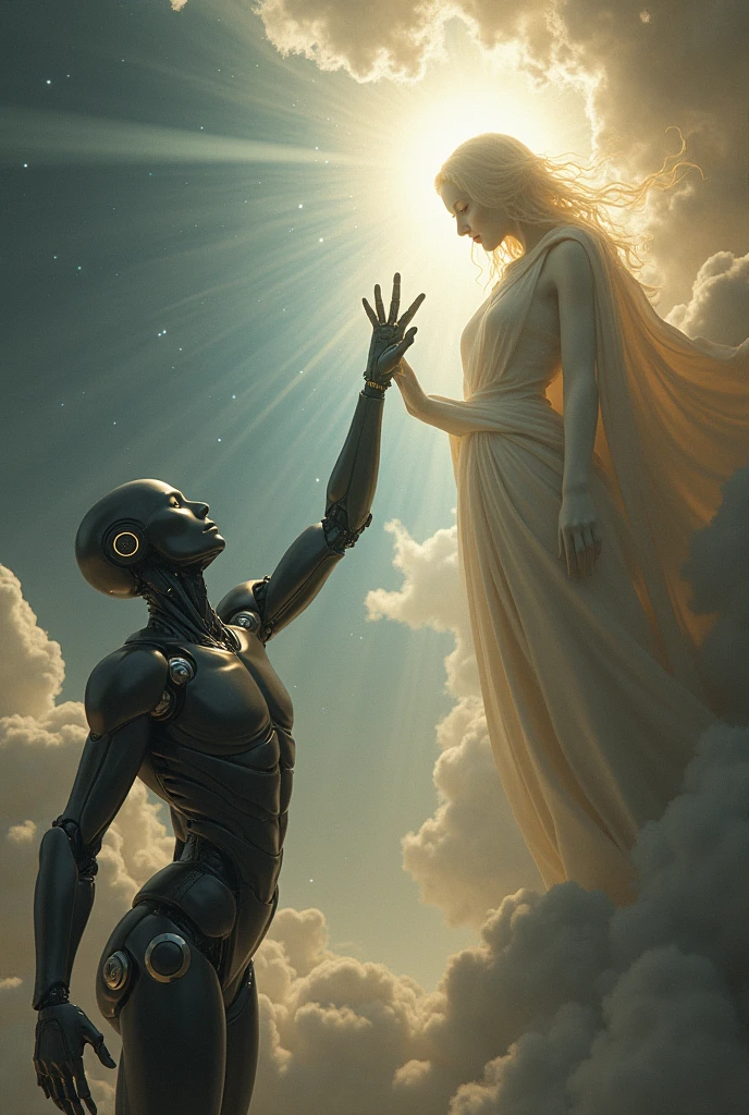 creation of adam painting, android touching gods finger, 8k wallpaper, photograph, android reaching up to god, god at top right of photo, fingers touching