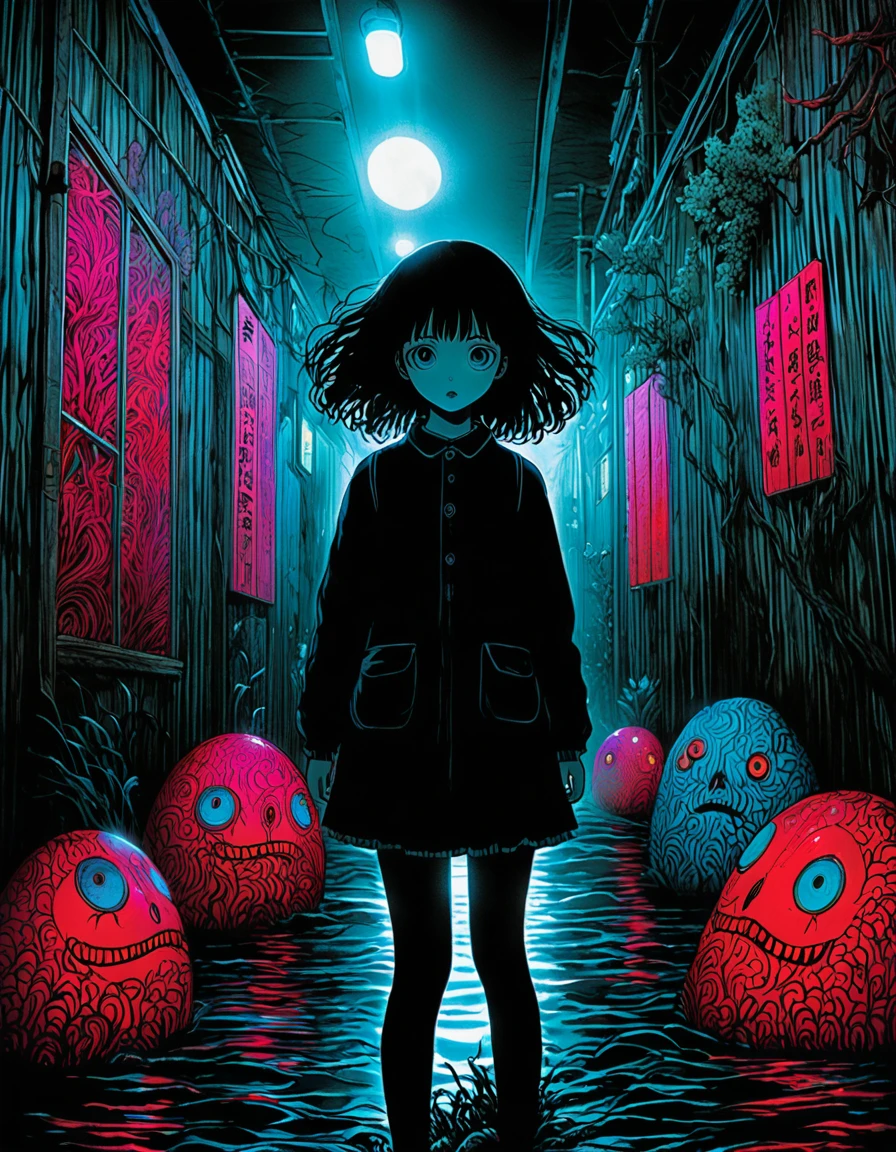 surreal horror, anime style, directed by Junji Ito, high contrast, vivid colors, eerie atmosphere, psychological tension, intricate line work, nightmarish creatures