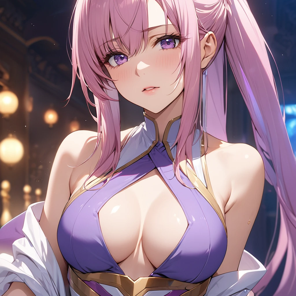 ((Highest quality)), ((masterpiece)), (detailed), (Perfect Face)、That woman is Lacus Clyne, I'm just an ordinary Chinese woman with blue eyes., Pink Hair, And medium long hair, Wearing an engagement ring.
