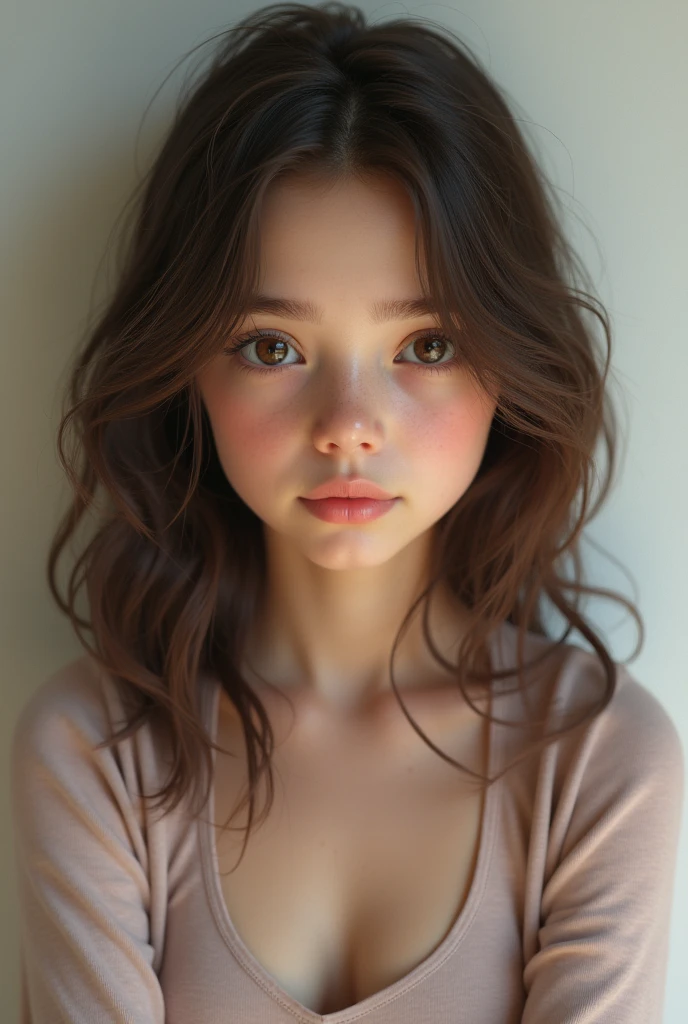 Beautiful girl with messy brown wavy long hair with side bangs, hair down, 18 year old, pouty pink lips, big brown doe eyes, , innocent looking, freckles, emotionless, fictional, small frown, sleepy eyes