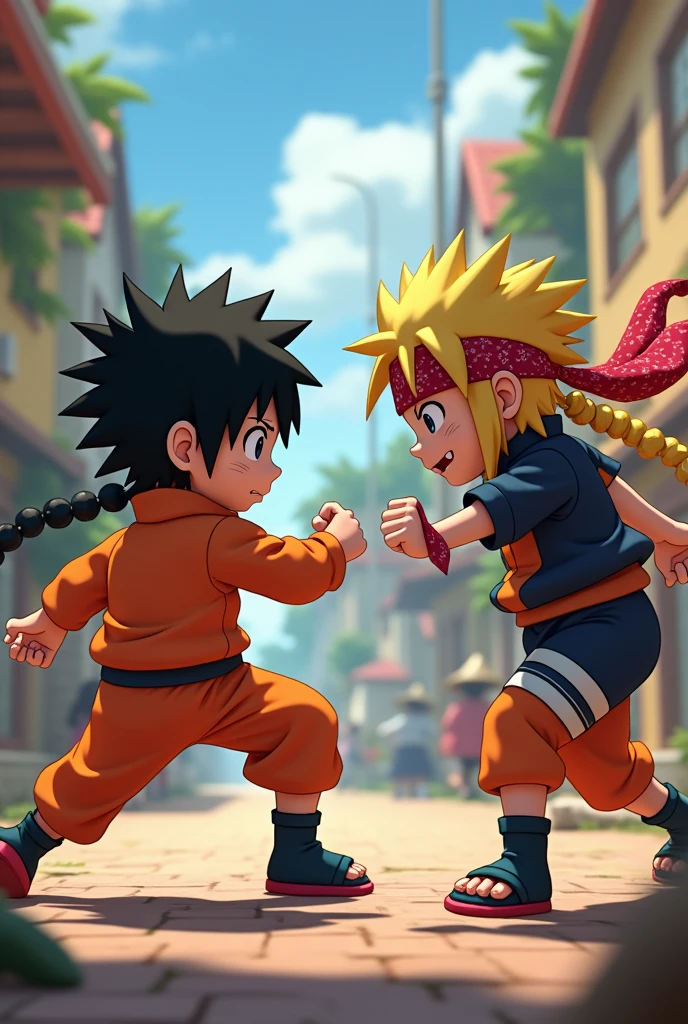 Naruto girl child, with bandana lutando com a versão de. Sasuke child fighting, with bandana, female version, long hair, punching and kicking combat, Disney pixar style.