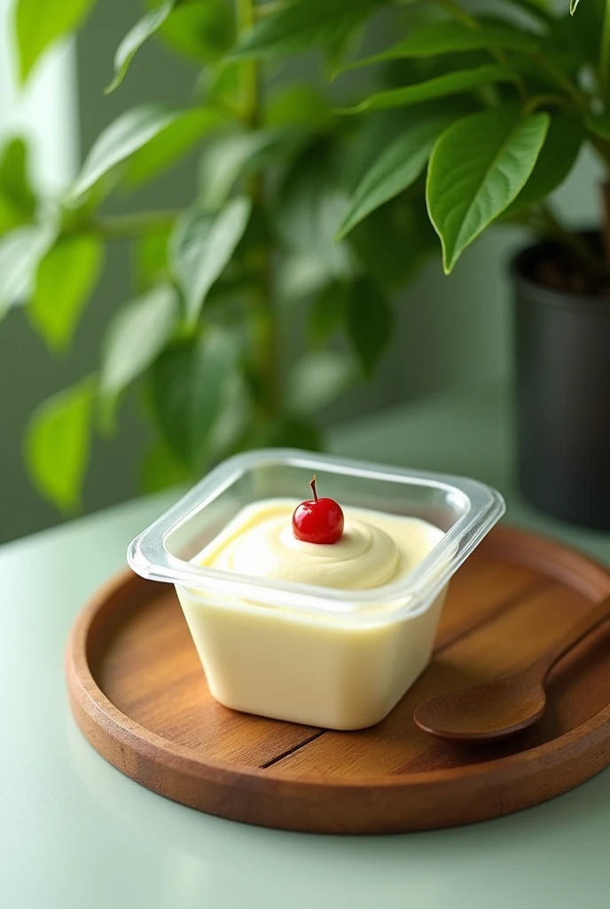 A mousse inside a square plastic pot with a green plant background, the mousse pot will be on top of a wooden tray 