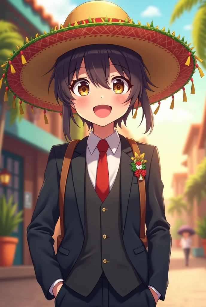 Anime character in suit with Brazil hat happy