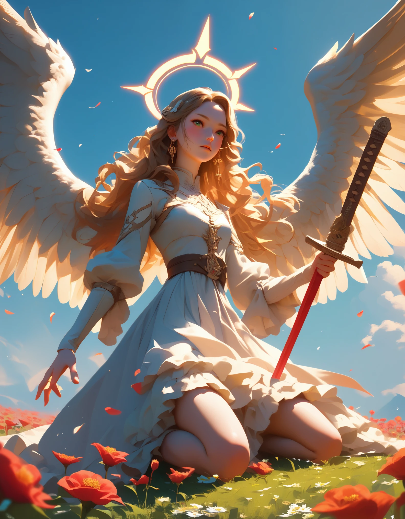 Detailed and vibrant anime-style illustration featuring a young woman with long, wavy blonde hair and fair skin. She is depicted kneeling on the ground, holding a large, ornate sword with both hands, the tip of which is embedded in the earth. She wears a white dress with a brown belt and has a golden halo above her head, signifying an angelic presence. Her expression is one of determination and resolve, with her eyes looking upwards. She also has white feathered wings extending from her back. The background is dark, contrasting with the bright figure, and there are small red flowers scattered on the ground around her. The overall composition is dynamic and emotive, capturing a moment of solemnity and strength. anime, anatomically correct, super detailed, high quality, 4K, high details, super detailed, 4k